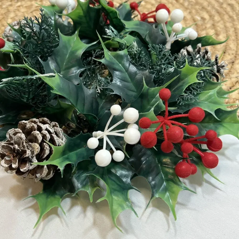 Vintage Candle Ring Wreath MCM Mid Century Flocked Red Berries Holly Pinecones